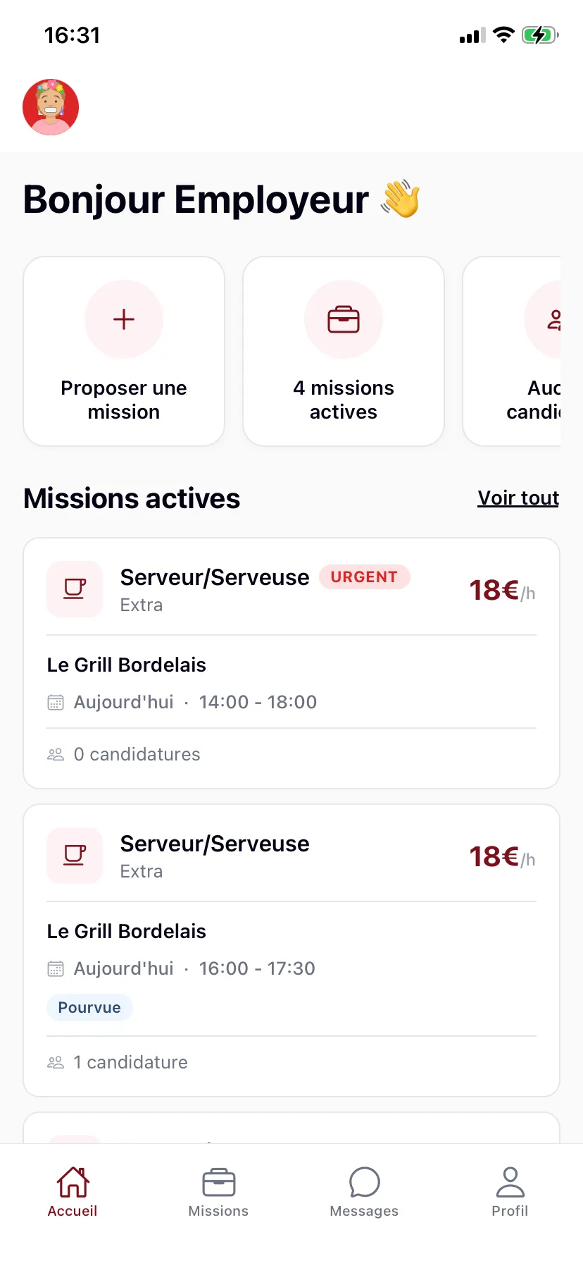Tableau de bord employeur de l'application Fuegoo : missions actives à Bordeaux